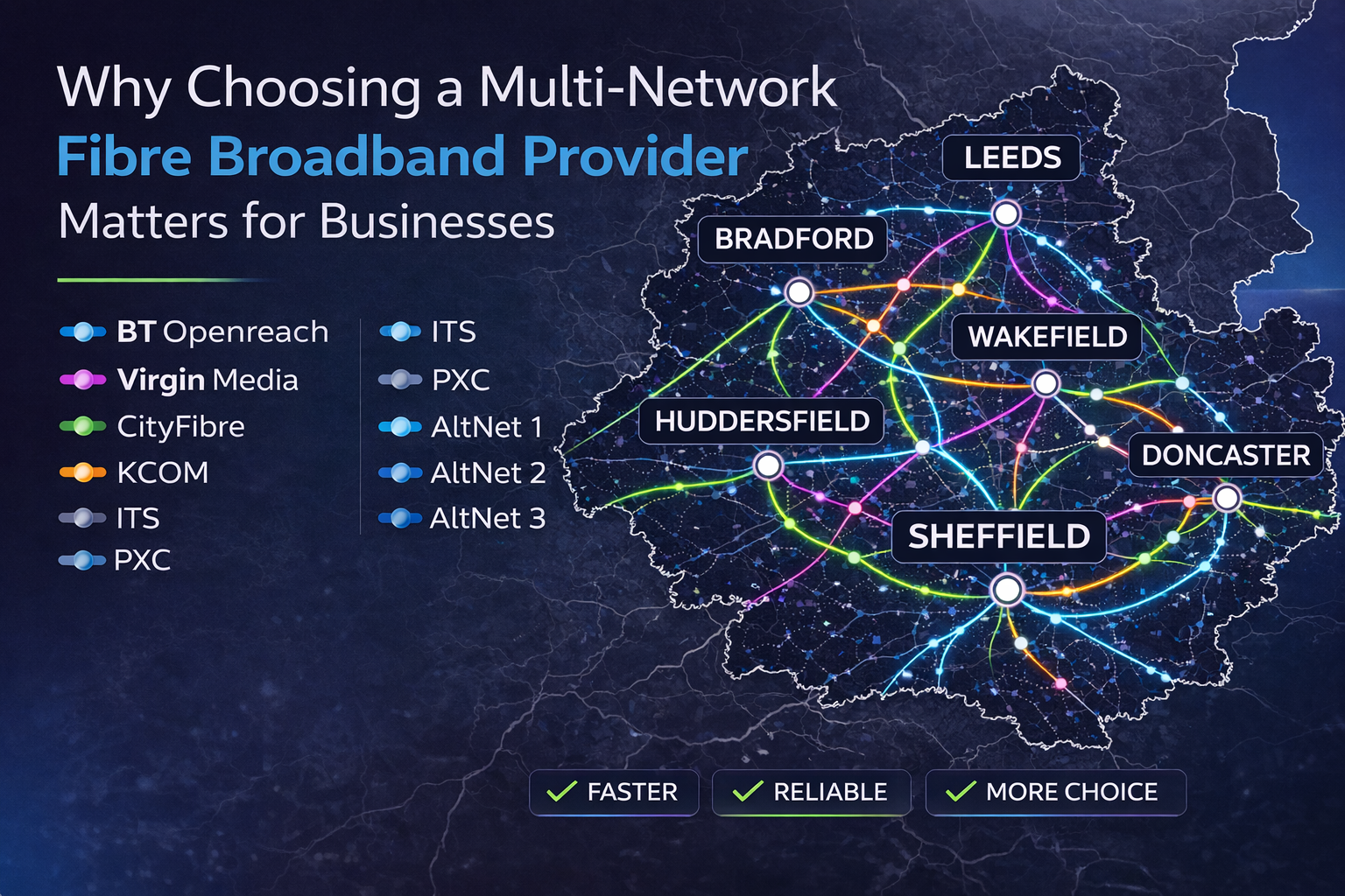 Multi-network fibre broadband infrastructure map showing business fibre networks across Sheffield, Leeds and Doncaster in South and West Yorkshire.